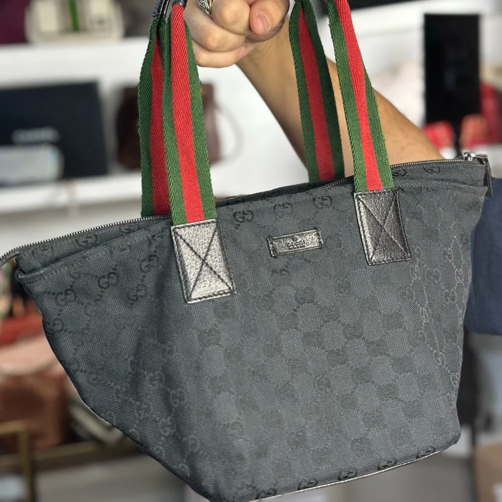 Gucci Black GG Canvas Tote with Green and Red Web Straps